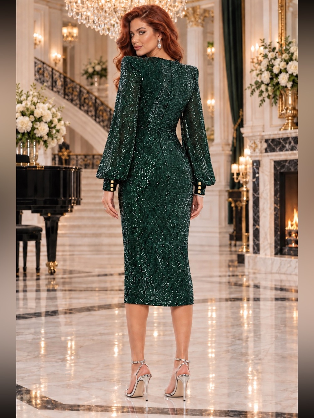 NWT Mac Duggal 26866 Black Emerald Sequin Bishop Sleeves Midi Wedding Dress 14